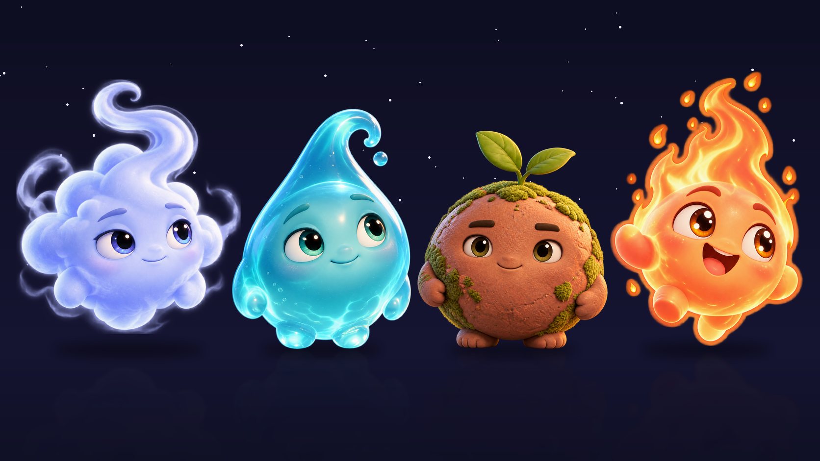 Four small companions: a cloud, a water drop, a pebble with a sprout, and a little flame